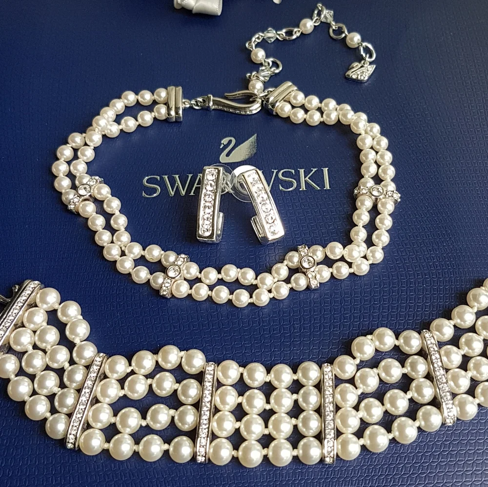 AUTHENTIC Swarovski Crystal Pearl Choker Necklace Tennis Bracelet Earrings SET - Picture 16 of 16